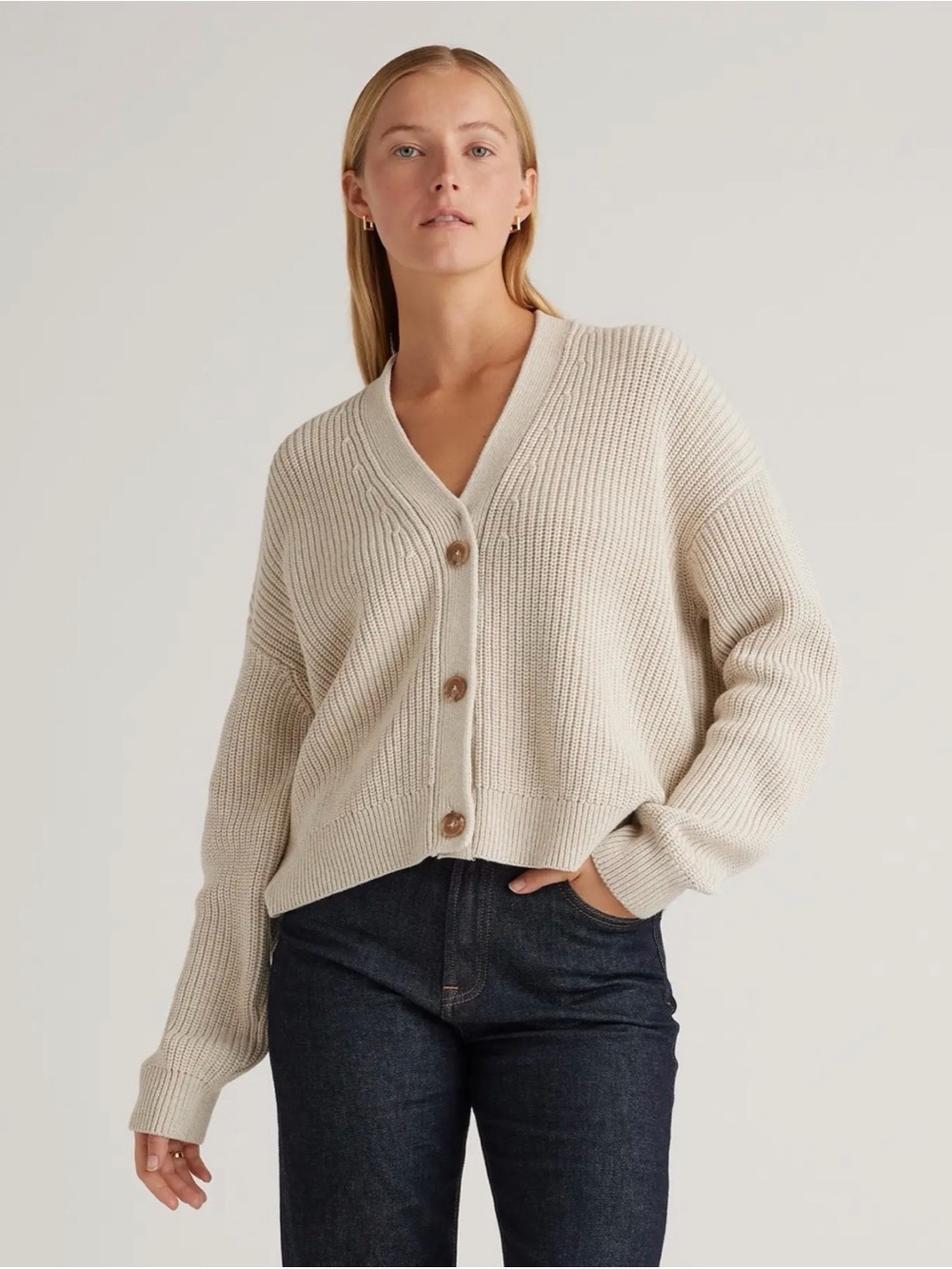 Quince Organic Cotton Fisherman Boxy Cropped Cardigan Large